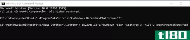 如何在windows 10的命令提示符下使用microsoft defender antivirus
