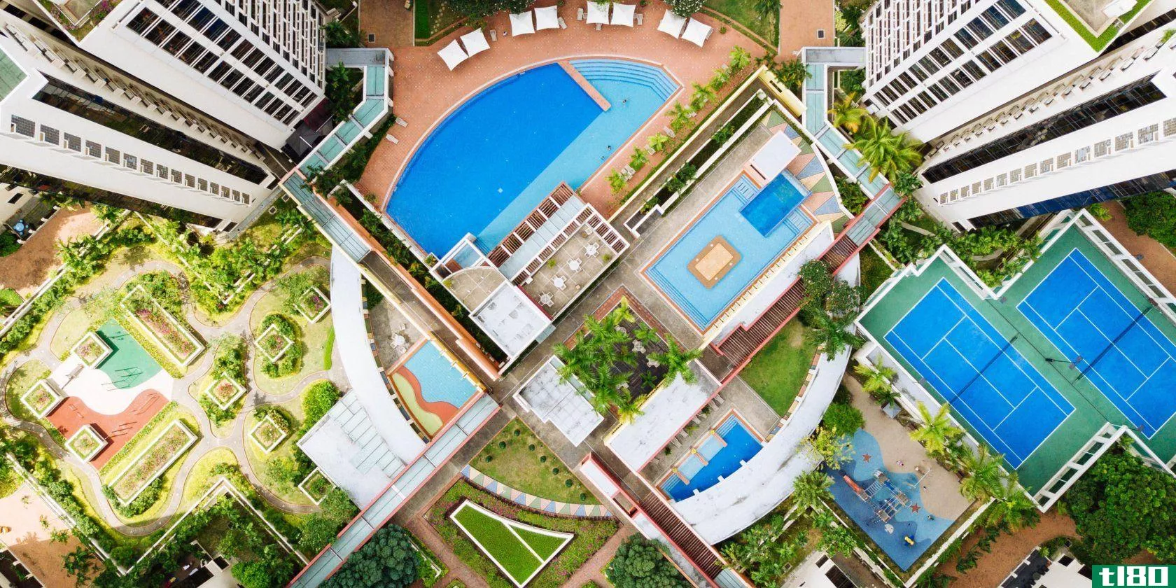 a birds eye view of a collection of swimming pools