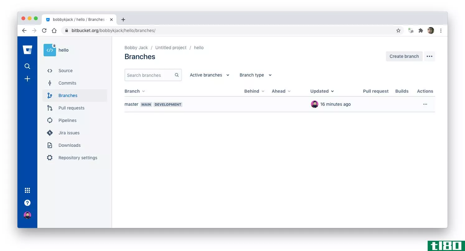 Bitbucket screenshot showing branches page