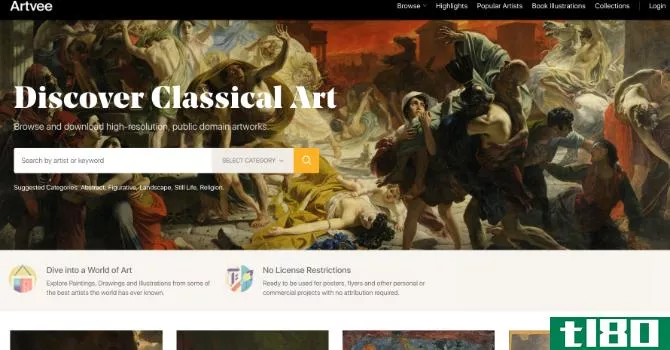 ArtVee hosts classical paintings whose copyright has expired, as well as book and magazine covers