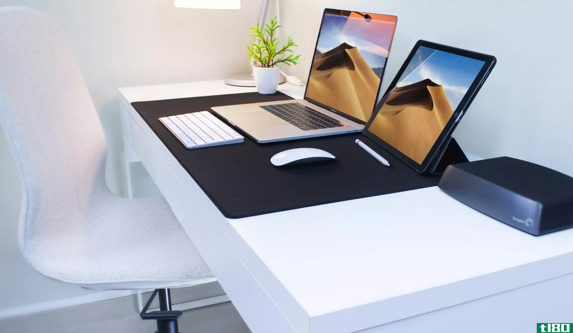 desk with large mouse pad