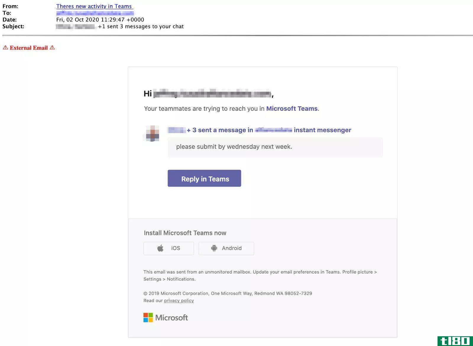 An example Microsoft Teams phishing email