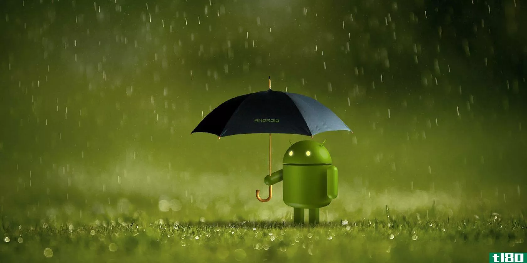 Android standing in rain holding umbrella