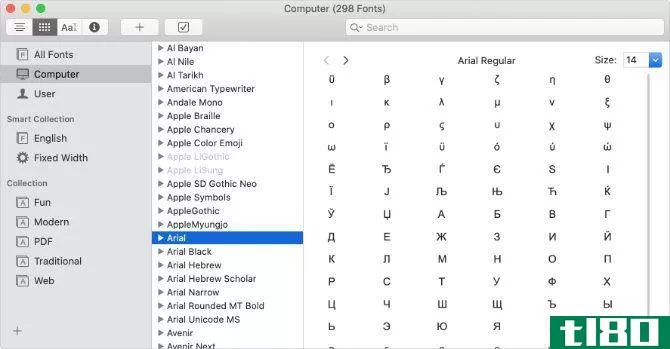 Special characters for Arial in Mac Font Book