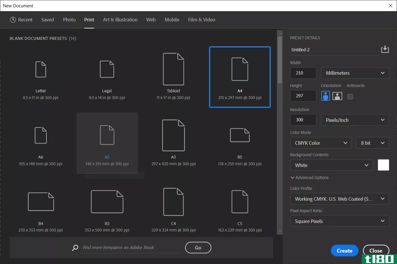 Photoshop screen showing new project creation