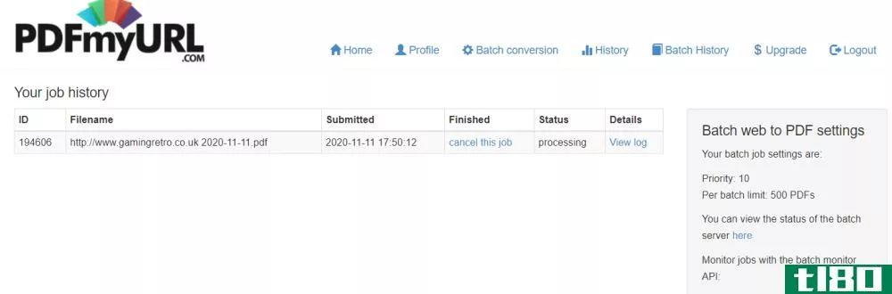 Batch history view in PDFmyURL