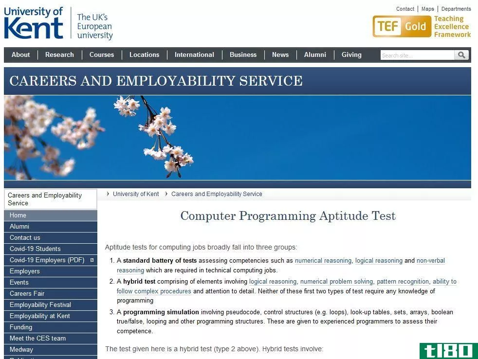 University of Kent Computer Programming Aptitude Test