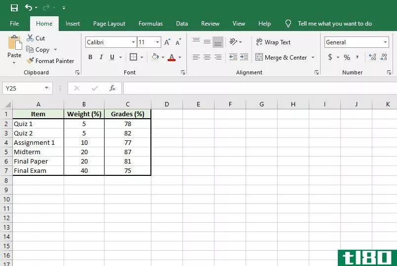 Weighted grades in Excel