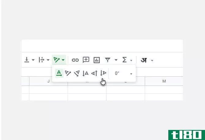 Screenshot of the rotate text button in Google Sheets