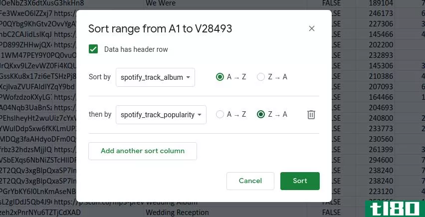The sorting popup in Google Sheets filled out