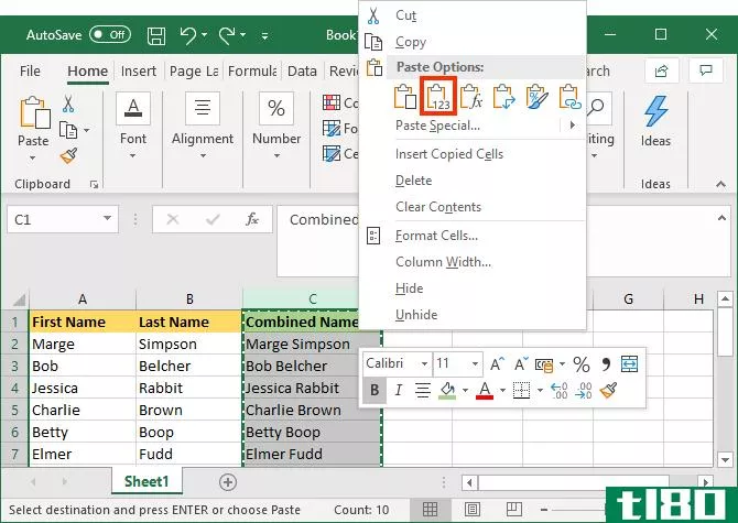 excel combined cell paste