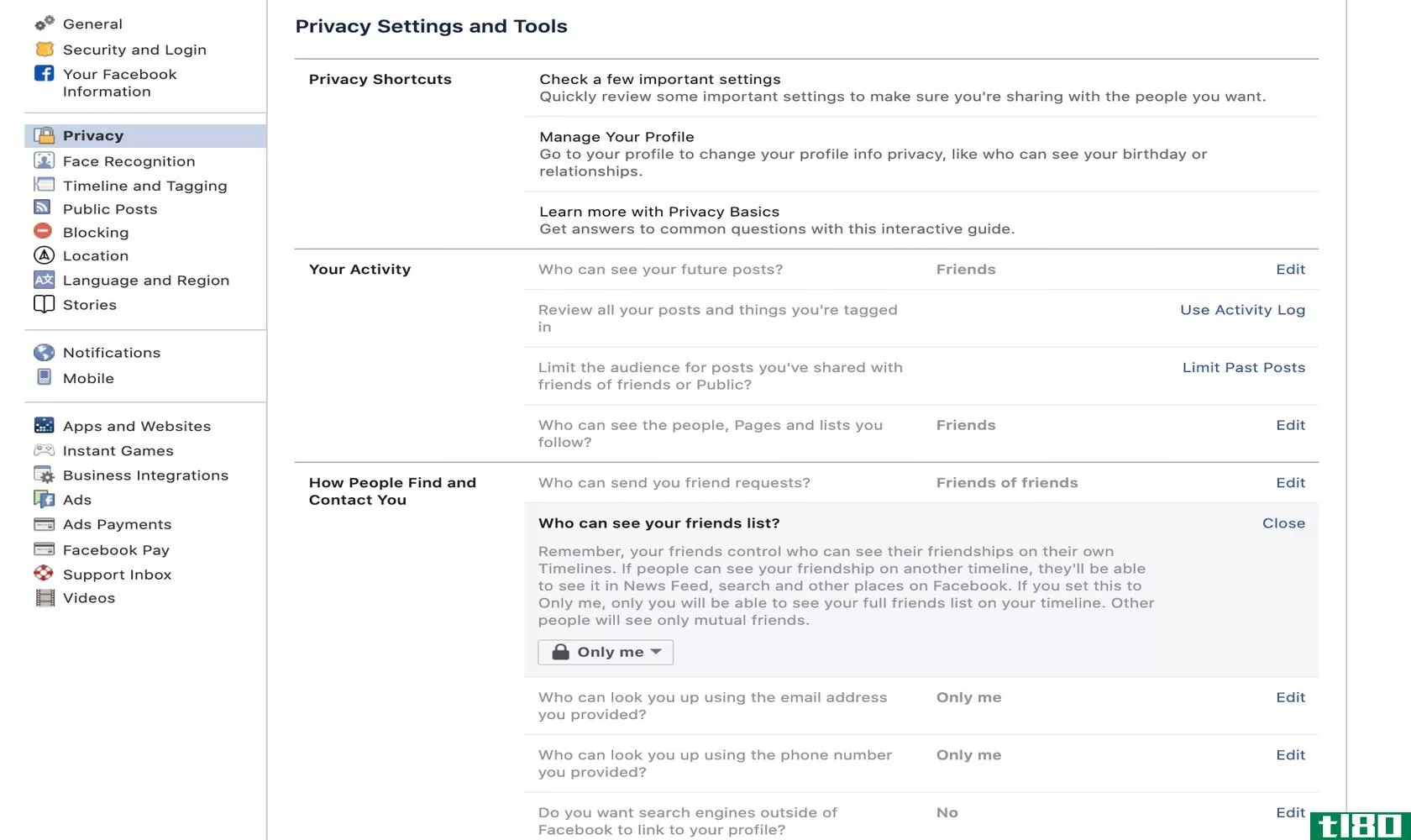 Screenshot of Facebook privacy settings page