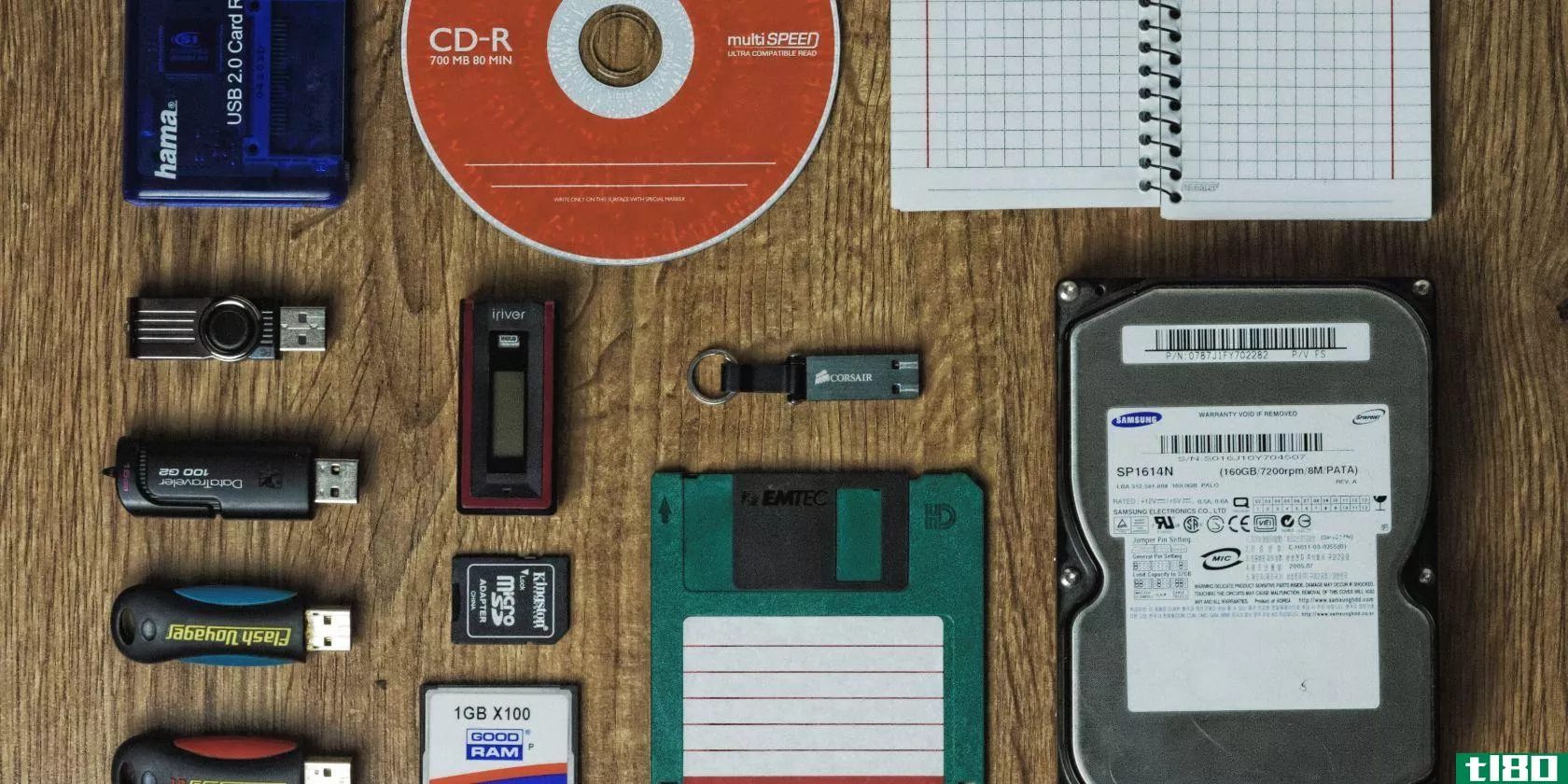 CD, hard drive, flash drive, and floppy disk on a wooden surface
