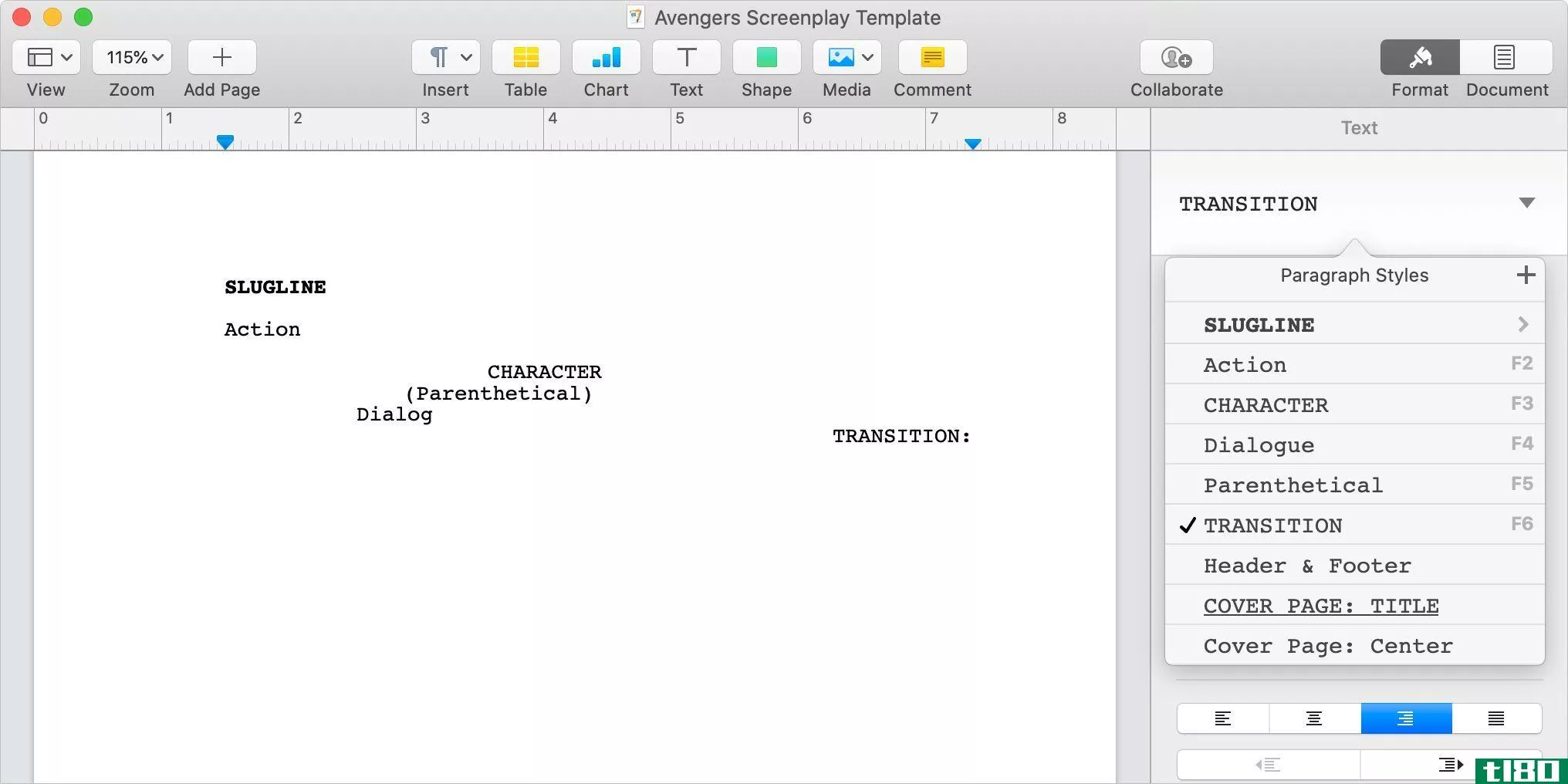Screenplay format styles in Apple Pages sidebar