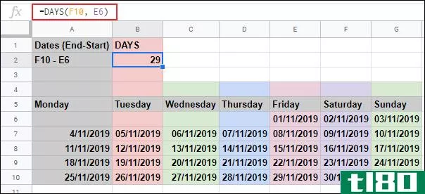 如何在google表中计算两个日期之间的天数