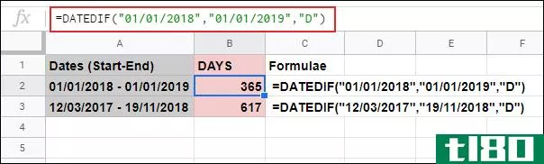 如何在google表中计算两个日期之间的天数