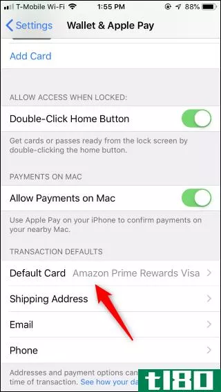 如何在apple pay on iphone中更改默认卡