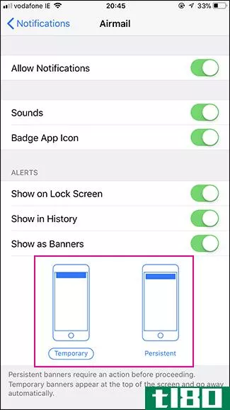 如何让横幅通知贴在iphone屏幕上（而不是消失）