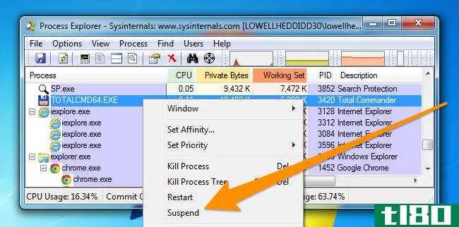 如何使用process explorer暂停或恢复windows应用程序