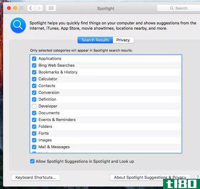 如何在mac上禁用spotlight中的开发者搜索结果