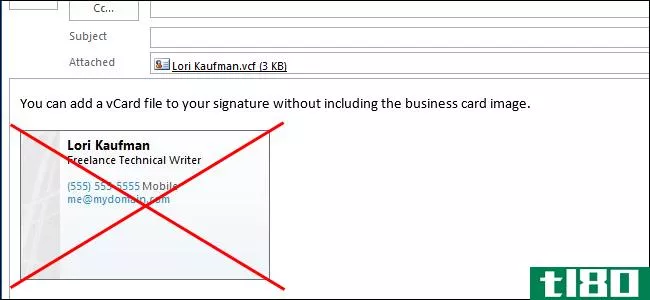 如何在outlook 2013中将名片或vcard（.vcf）文件添加到签名中而不显示图像