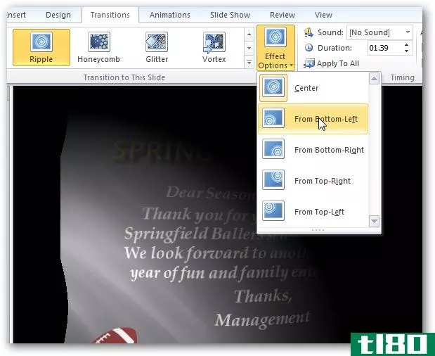 在powerpoint 2010中向幻灯片添加过渡