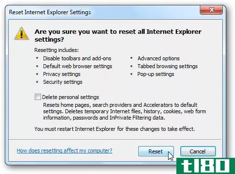 重置所有internet explorer 8设置以修复稳定性问题