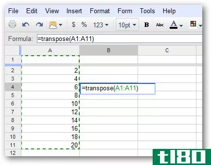在googledocs电子表格中将行转换为列（或向后）