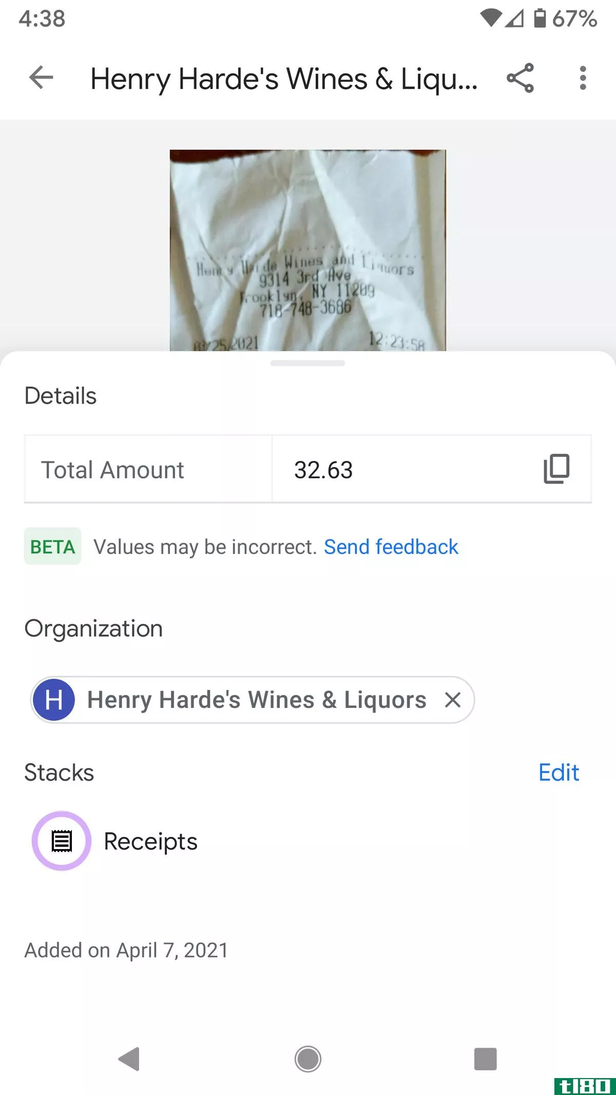 Stack’s AI pulled out data even from a crumpled receipt.