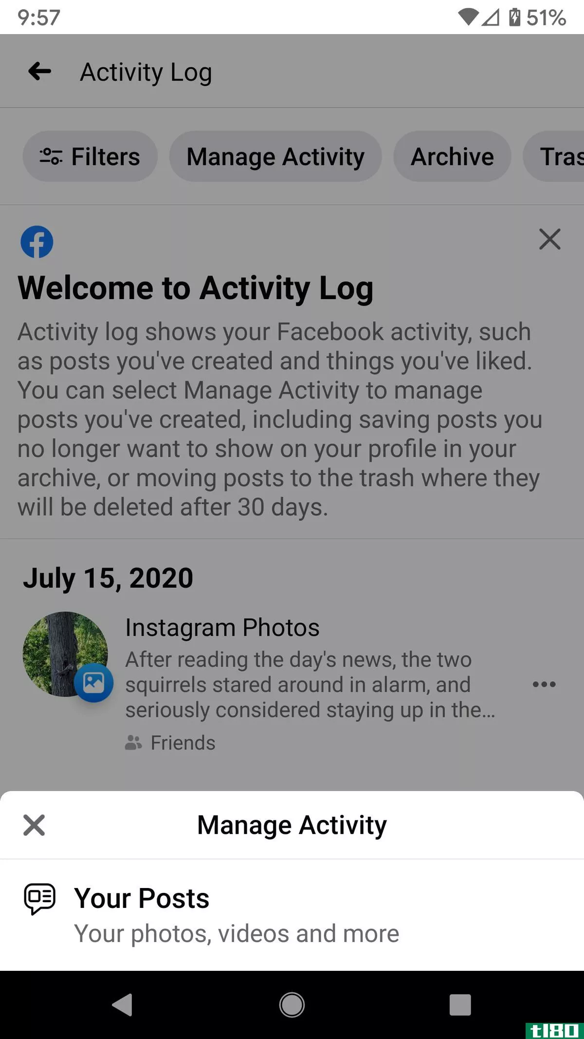 To delete or archive your posts, click on the “Manage Activity” pop-up.