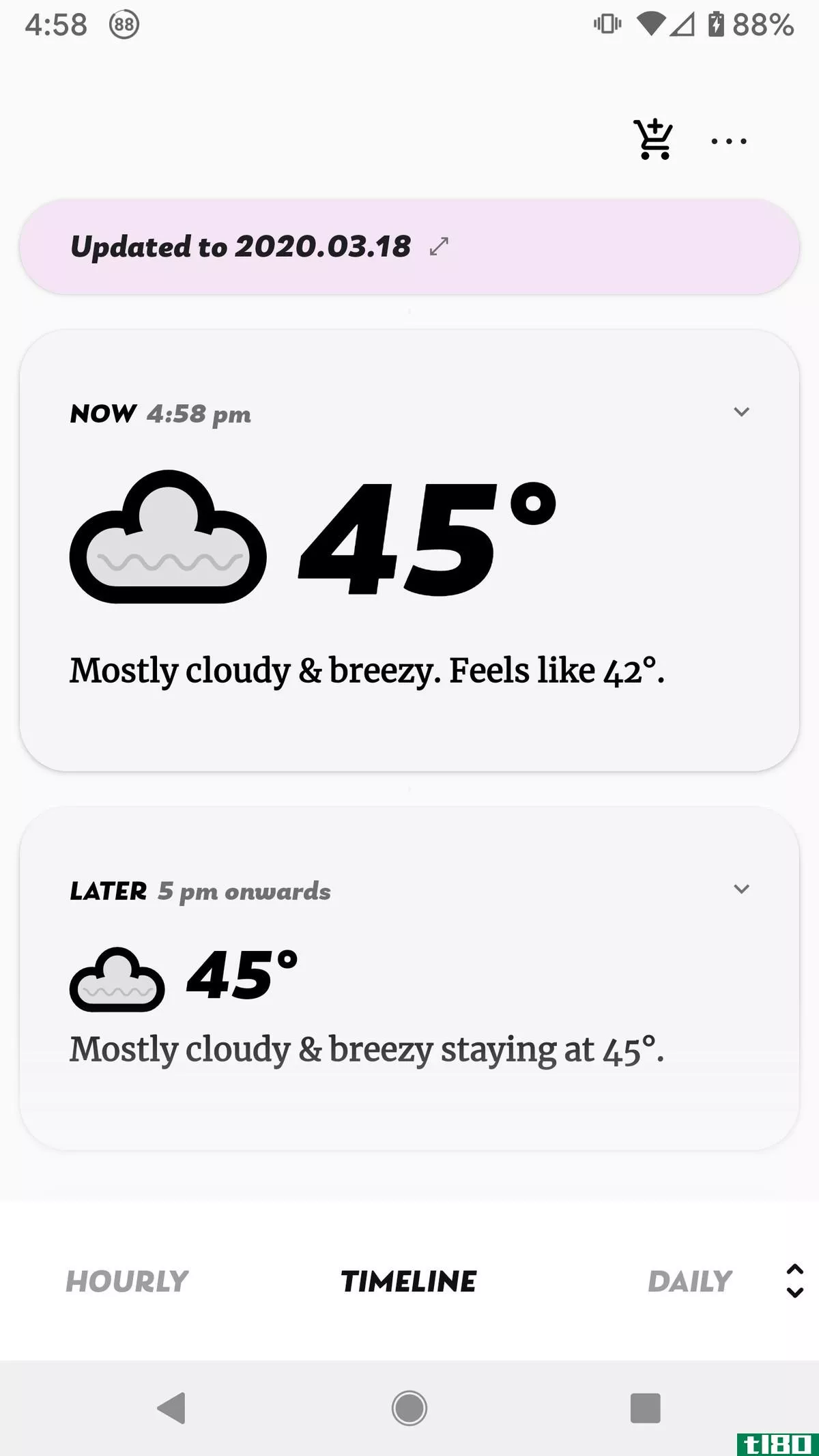 Appy Weather’s timeline lets you scroll down to see the current weather and the upcoming forecast.