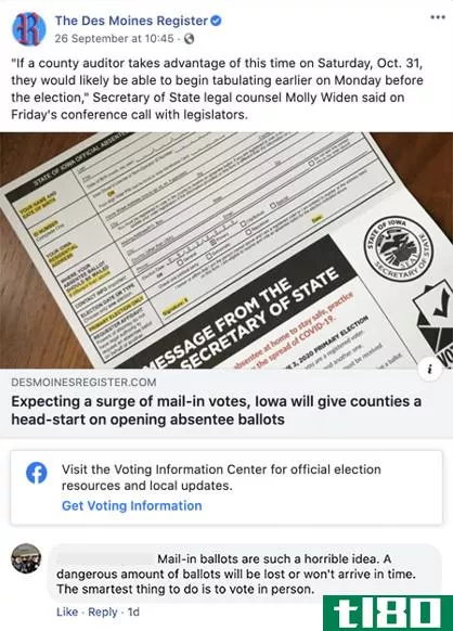 Des Moines Register article posted on Facebook with a comment reading “Mail-in ballots are such a horrible idea. A dangerous amount of ballots will be lost or won’t arrive in time. The **artest thing to do is to vote in person.”