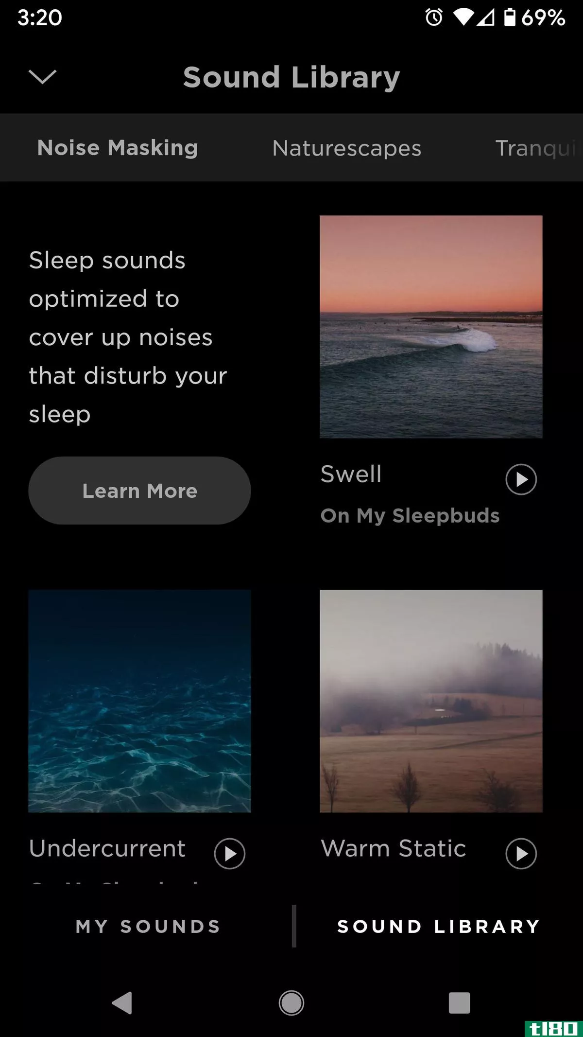 The Sleep app lets you choose a sound for the night; you can also set an alarm.
