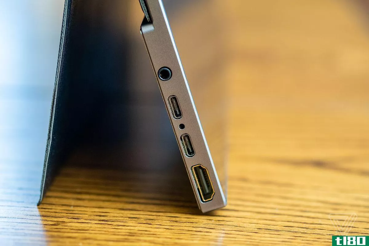 Side detail of the Ananta display showing two USB-C ports, an HDMI port, and a 3.5mm headphone jack.