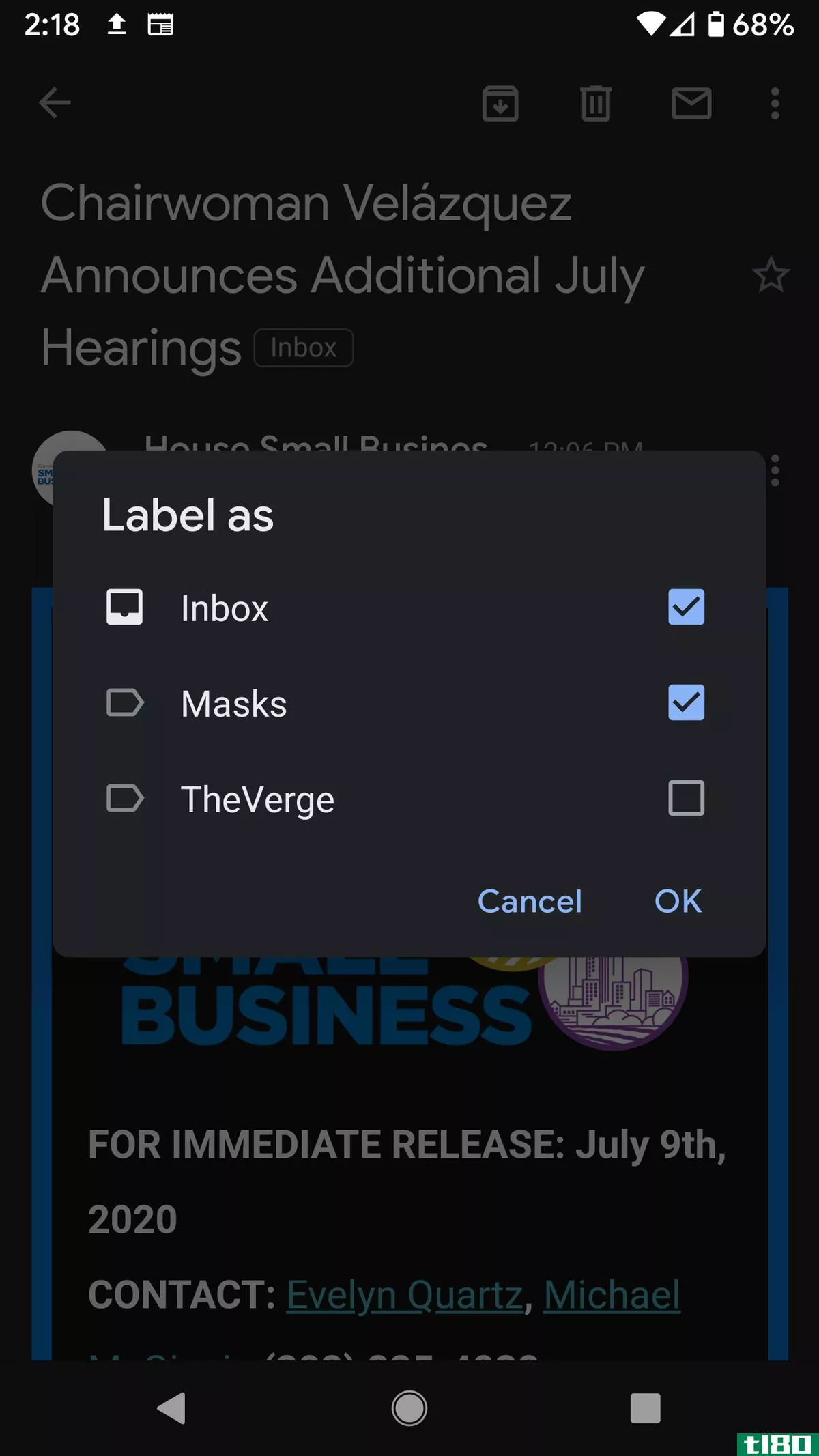 Select the labels you want to apply to the email.