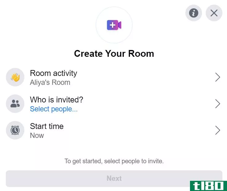 The Create Your Room pop-up window gives you three opti***: “Room activity.” “Who is invited?” and “Start time.”