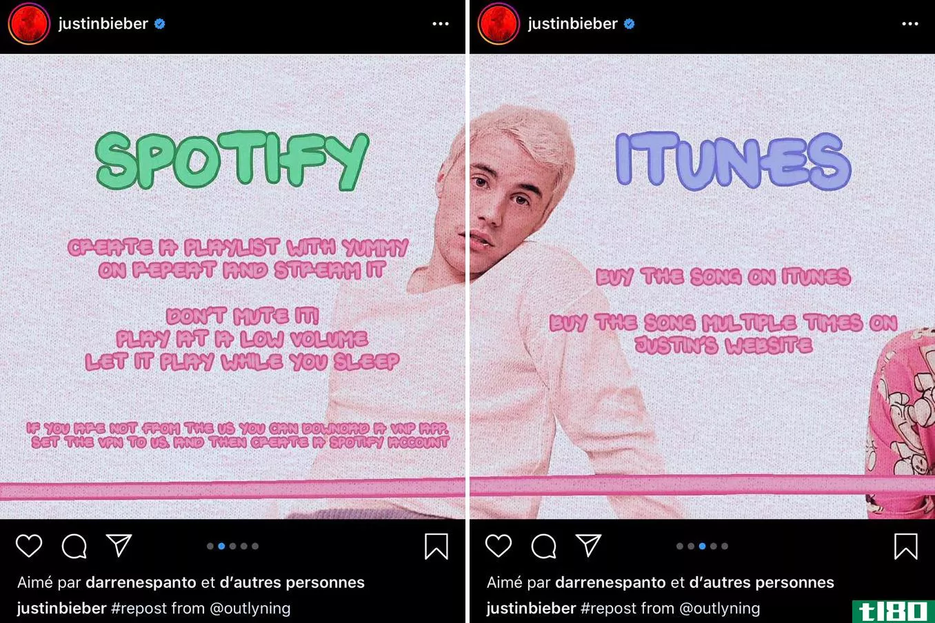 贾斯汀·比伯告诉粉丝们去游戏spotify和itunes给他一首排行榜上的歌曲