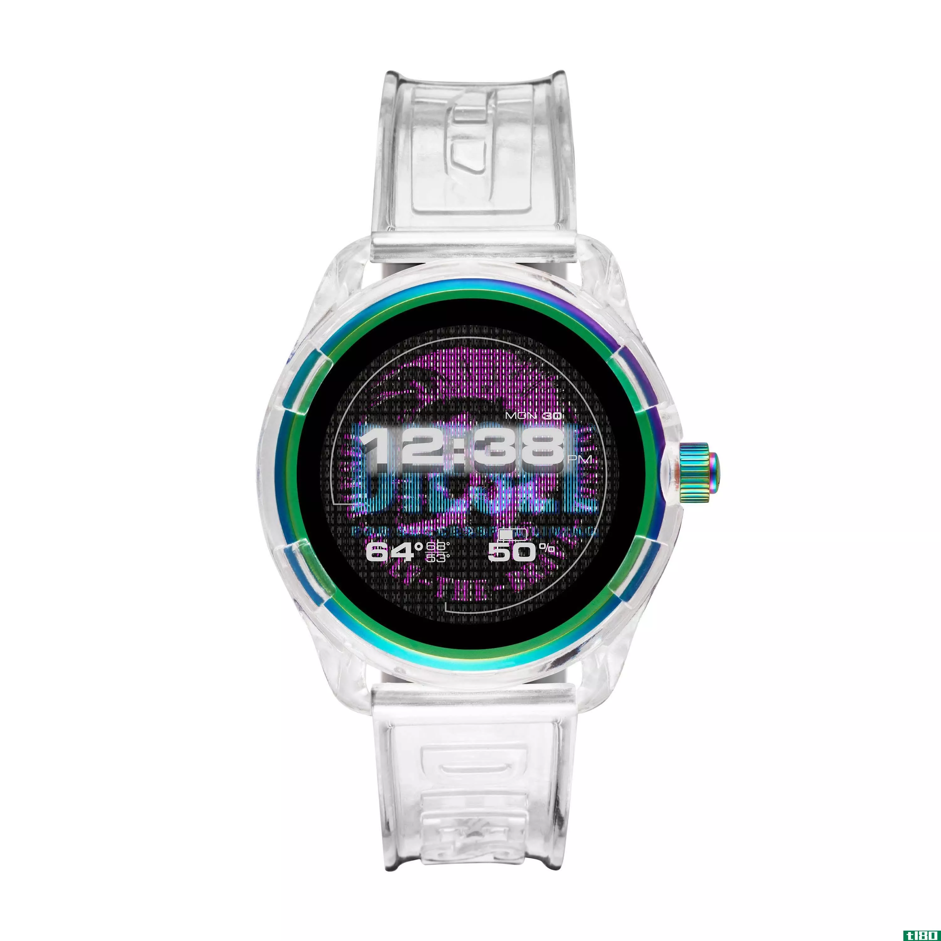 柴油机’s最新的wear os smartwatch稍小，外壳半透明