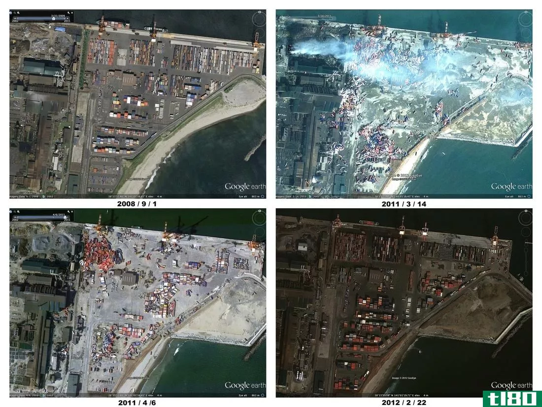 最新的谷歌地图卫星图片显示日本地震发生一年后