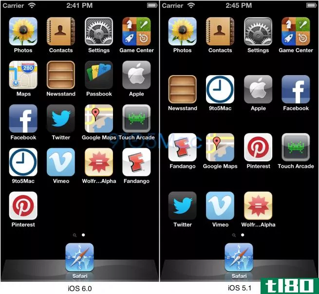 iOS6扩展到传闻中的“iPhone5”分辨率，在主屏幕上增加了第五行应用程序