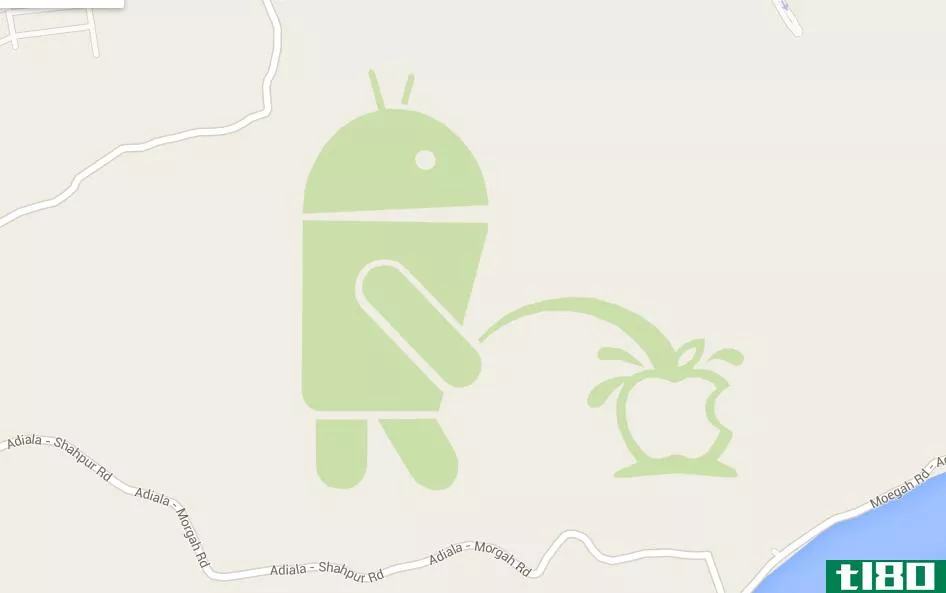 谷歌地图上有一个安卓机器人在苹果商标上撒尿