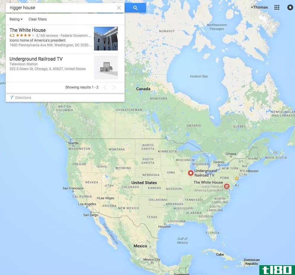 谷歌地图上的种族主义搜索把用户送到了白宫