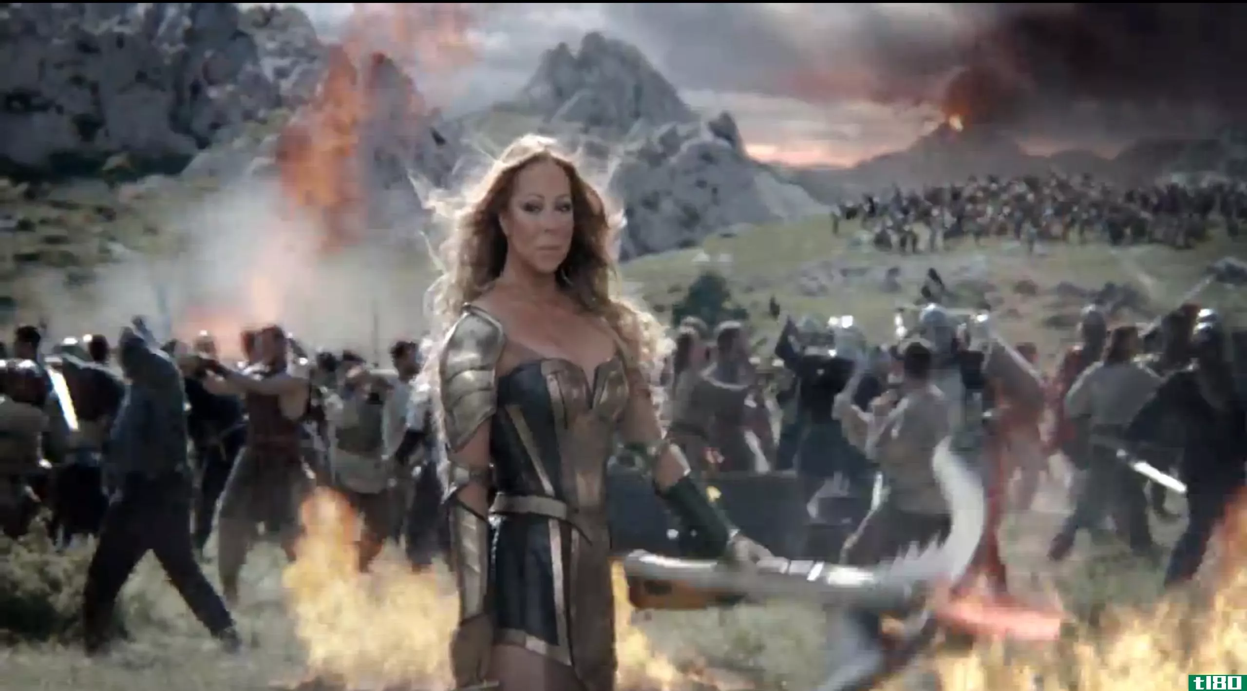 看玛丽亚凯莉扮演英雄在她的新游戏战争：火灾时代的广告