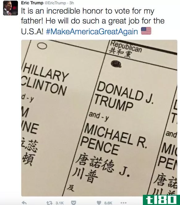 埃里克·特朗普（eric trump）通过这条投票照片推特违反了法律