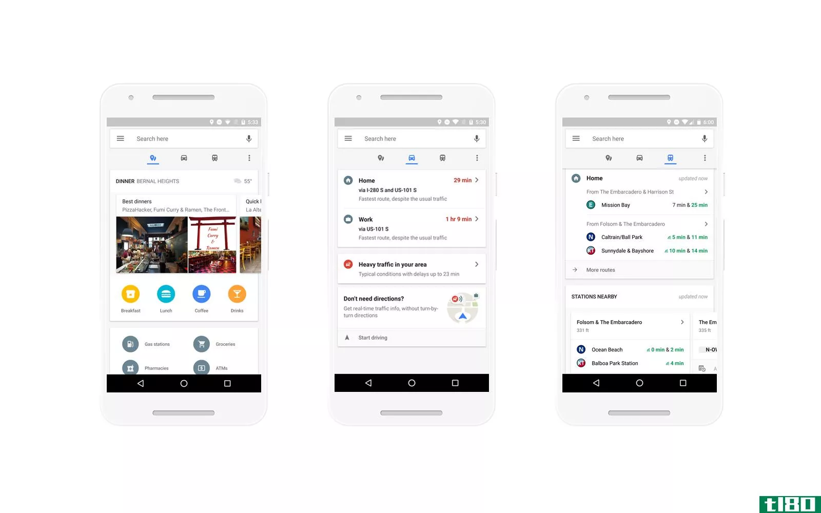 android上的google地图采用了一种新的设计，可以快速访问通勤信息