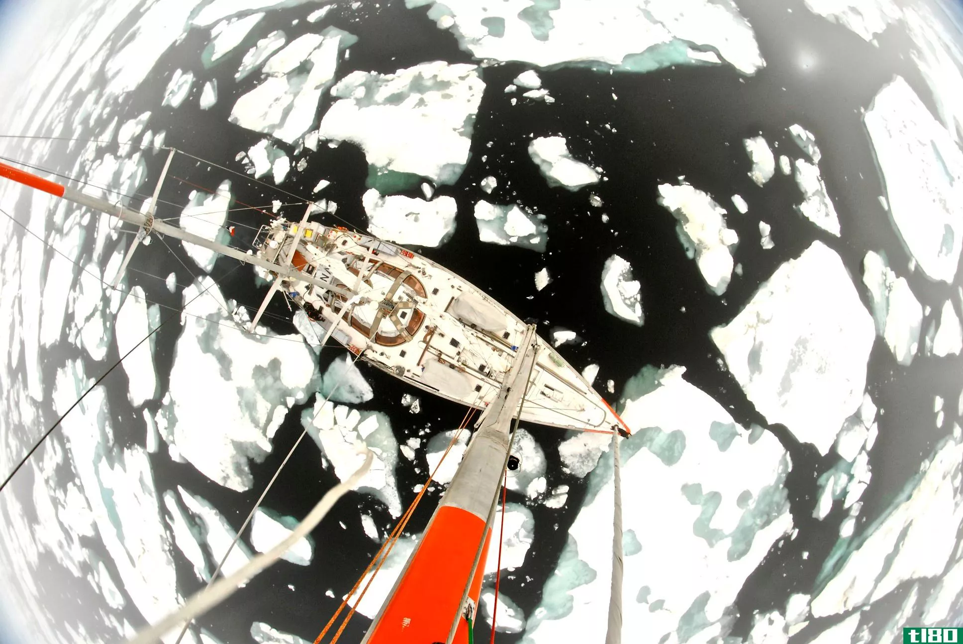A masts-eye view of the Tara research vessel navigating through the ice. Photo by Andres Cozar 