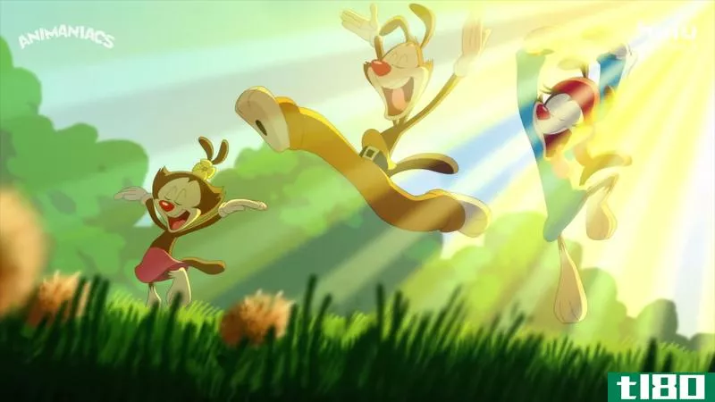 A scene from Hulu's Animaniacs featuring Yakko, Wakko and Dot running through a sunlit field