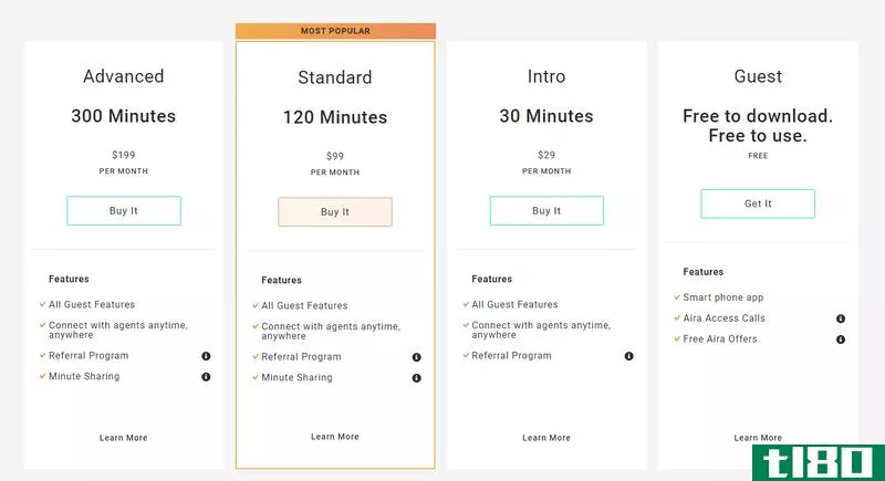 Screenshot listing rate tiers for Aria, from free to $29 for 30 minutes, to $99 for 120 minutes, to $300 per month for 300 minutes