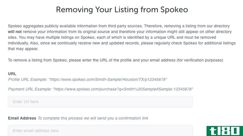 A screenshot of Spokeo's "Remove Listing" page