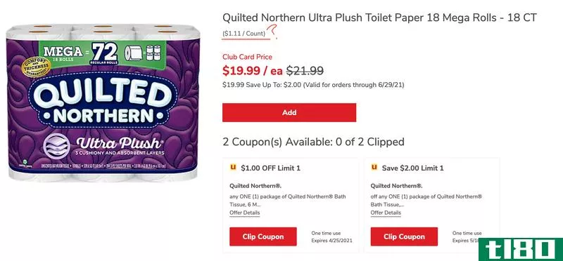 A screenshot of a Safeway listing for Quilted Northern Ultra Plush toilet paper. The unit price is $1.11 per count and the total price is $19.99. The unit price is underlined in red with a "?" next to it for emphasis.